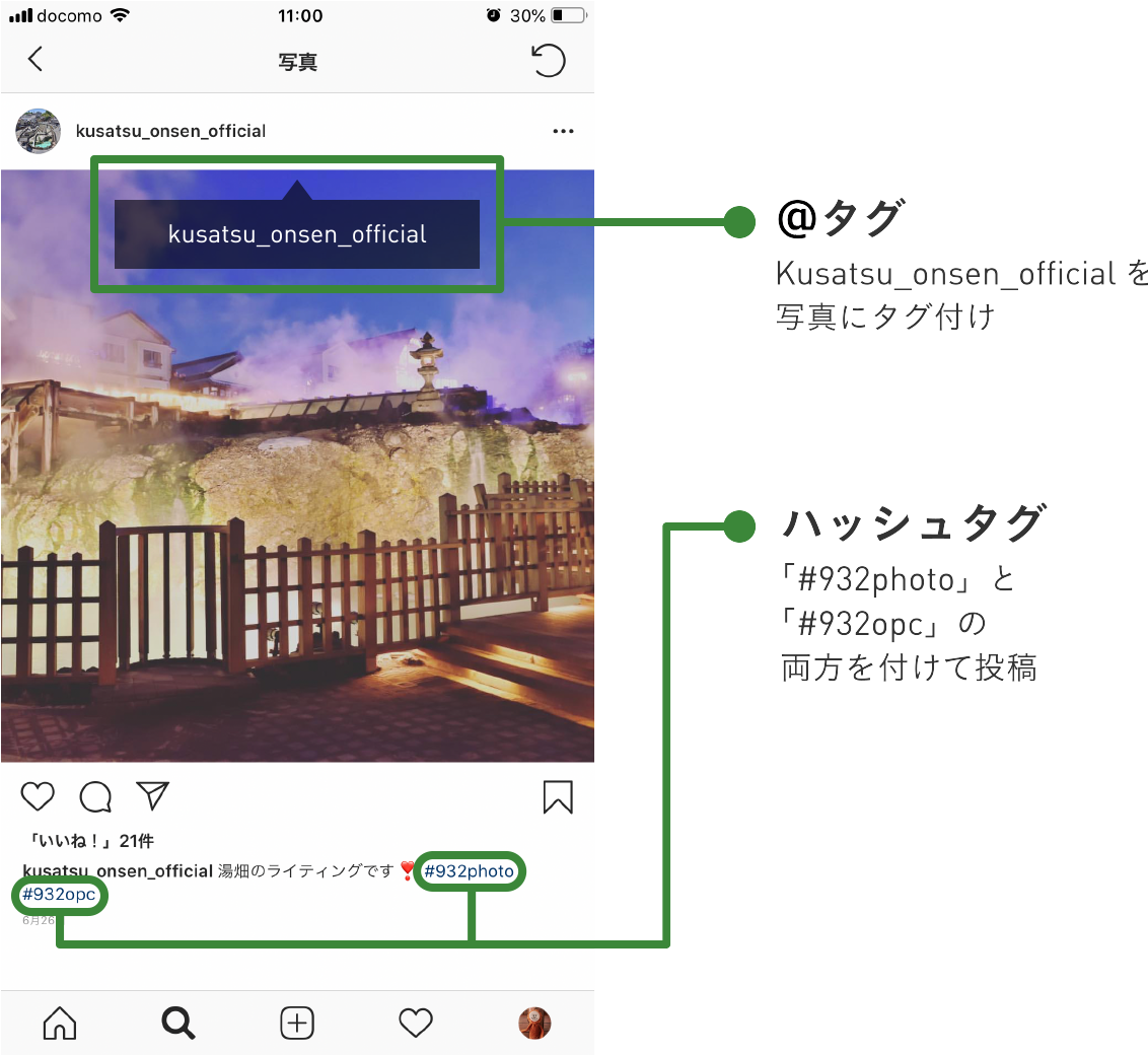 ＠タグ「kusatsu_onsen_official」を写真にタグ付け、ハッシュタグ「＃932photo」と「#932opc」の両方付けて、投稿