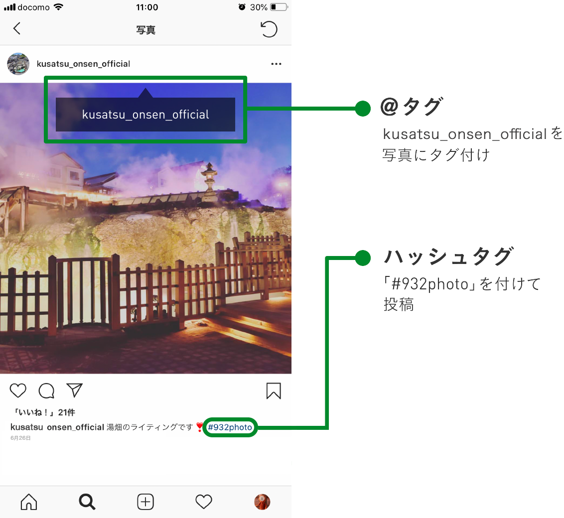 ＠タグ「kusatsu_onsen_official」を写真にタグ付け、ハッシュタグ「＃932photo」を付けて、投稿